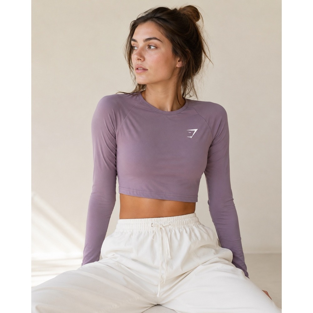 Gymshark Womens Long Sleeve Crop Top Purple Thumbholes Mesh Size S